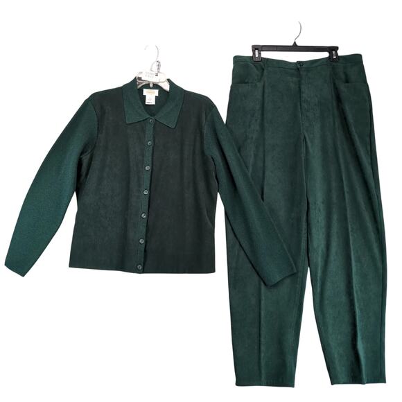 Talbots Green 2pc Outfit Women's 18/L Wool Blend Shirt & Faux Suede 35x30" Pants - Picture 1 of 10